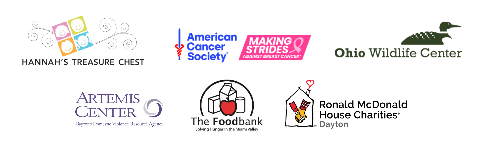 Hannah's Treasure Chest, American Cancer Society, Ohio Wildlife Center, Artemis Center, The Foodbank, Ronald McDonald House 