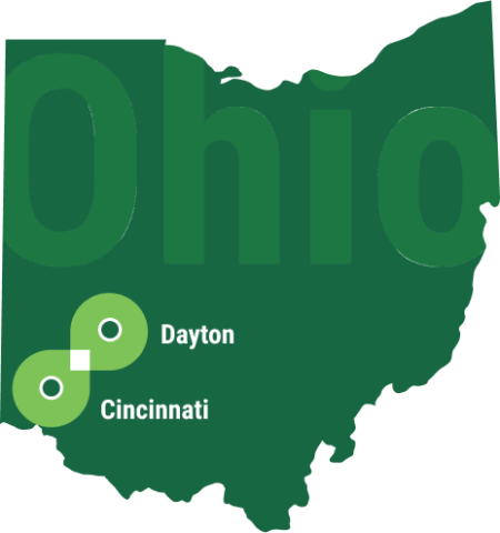 Graphic map of Ohio with circles showing Dayton and Cinncinnati